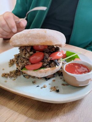 Vegan haggis, tomato and mushroom ciabatta with tomato chilli dip at Cafe U in Kelso