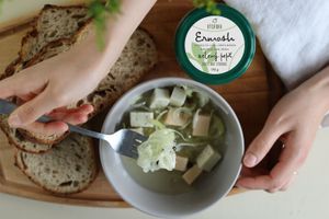 Ermosh (in oil marinated vegan cheese with herbs and onions).  at Kytky K Sežrání in Prague