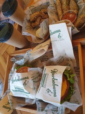 Bacon cheese burger + frenchy burger, onion rings, and crispy avocado 🥑 at Hierbabuena Vegan in Buenos Aires