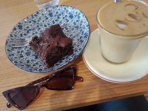 Lemon chocolate vegan brownie and iced soy latte at Gloria in Brunswick