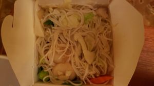 Vegetable chow mei fun, made vegan without egg ($9.75). Weirdly salty, but more interesting than white rice. at Hunan Chinese Restaurant in La Crosse