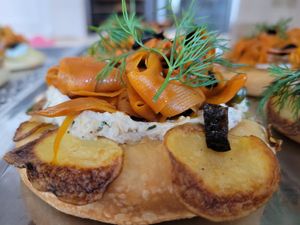 Close up bread with carrot salmon at Baja Wegańska Cukiernia in Warsaw