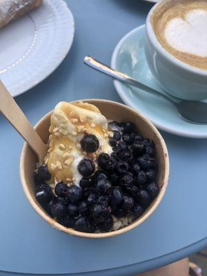 Vegan “soft serve” ice cream with blueberries, caramel and peanuts  at Baja Wegańska Cukiernia in Warsaw
