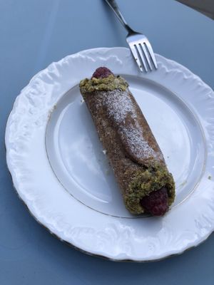 Cannoli with raspberries and pistachio cream  at Baja Wegańska Cukiernia in Warsaw