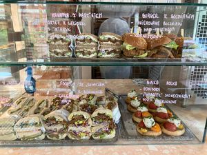 Display case, savory options at Baja Wegańska Cukiernia in Warsaw