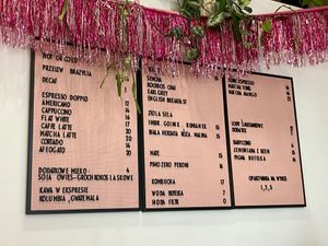 Drink menu at Baja Wegańska Cukiernia in Warsaw