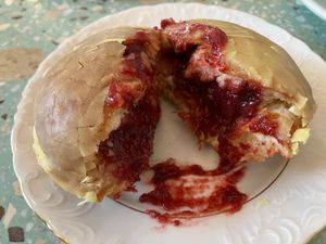 Inside of rose donut at Baja Wegańska Cukiernia in Warsaw