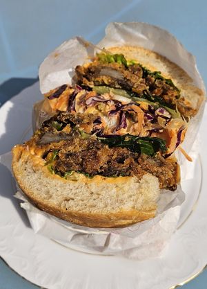 Foccaia oyster mushroom and coleslaw at Baja Wegańska Cukiernia in Warsaw