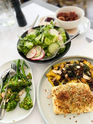 Baked tofu, gem salad, broccolini and beetroot plum bites.  #Veganuary at Dockside in Wellington