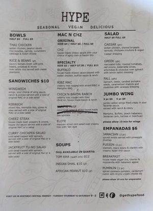 Menu at HYPE - Maybe closed in York