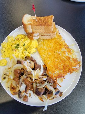 "steak & eggs" with hash browns. They do their hash browns just right! at Black & Blue Diner in Las Vegas