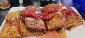 Vegan French toast with strawberries at Black & Blue Diner in Las Vegas