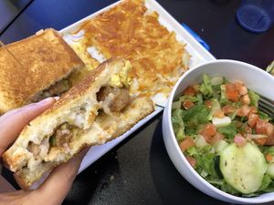 Look at that breakfast sandwich goodness!   I also got a salad because balance.    at Black & Blue Diner in Las Vegas