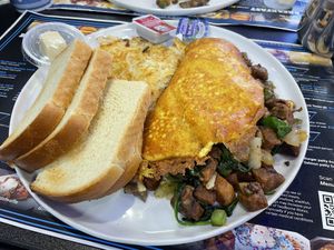 Vegan steak omelette with hash browns  at Black & Blue Diner in Las Vegas