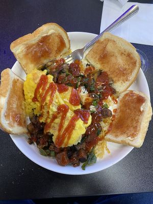 Breakfast Bowl with Plant Based Steak.  Plant Based Scrambled eggs.  Vegan Cheese and Butter.    at Black & Blue Diner in Las Vegas