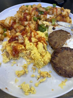 Jackpot breakfast: vegan eggs, sausage, potatoes and waffle.  at Black & Blue Diner in Las Vegas