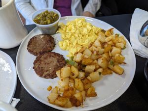 Sausage scrambled eggs and potatoes at Black & Blue Diner in Las Vegas