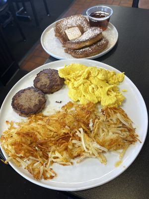 Scrambled eggs, hash browns, sausage, French toast complete with vegan butter    at Black & Blue Diner in Las Vegas