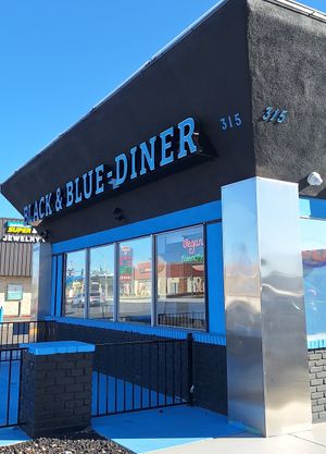 Front of building including "Vegan" sign at Black & Blue Diner in Las Vegas