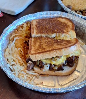 Vegan steak and egg breakfast sandwich at Black & Blue Diner in Las Vegas