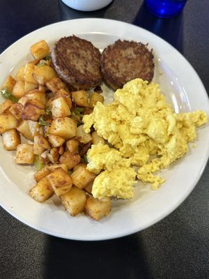 Eggs, NY potatoes, and sausage (vegan)  at Black & Blue Diner in Las Vegas