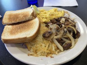 Steak tips & eggs with hash browns & toast   at Black & Blue Diner in Las Vegas