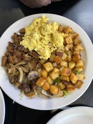 Vegan “steak” and eggs plate  at Black & Blue Diner in Las Vegas