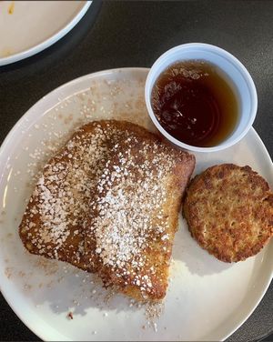 Vegan kid’s menu order of French toast with vegan sausage patty   at Black & Blue Diner in Las Vegas