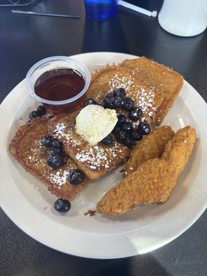 French toast, vegan chicken, added blueberries   at Black & Blue Diner in Las Vegas