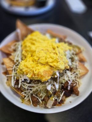 Vegan Chilaquiles with green sauce and "steak" at Black & Blue Diner in Las Vegas