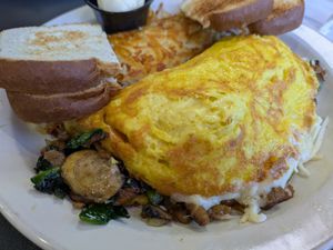 Vegan steak omelette with hashbrowns at Black & Blue Diner in Las Vegas