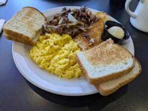 Vegan steak tips and eggs with hashbrowns at Black & Blue Diner in Las Vegas