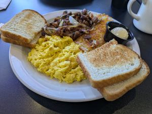 Vegan steak tips and eggs with hashbrowns at Black & Blue Diner in Las Vegas