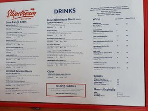 Drinks menu at Slipstream Brewing Company in Yeerongpilly