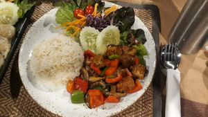Rice temeph & bell pepper at Vlodge Vegan Hotel in Chiang Mai