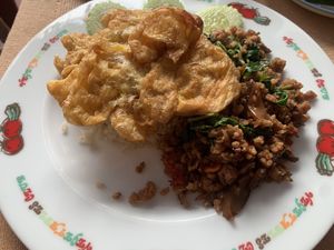 Rice with vegan pork   at Vlodge Vegan Hotel in Chiang Mai