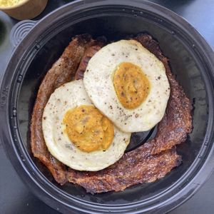 Vegan eggs, bacon and sausages  at Greenish in Tel Aviv