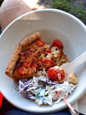 Various vegan cheeses and cherry tomatoes quiche at Morley's Recipe in Marrickville