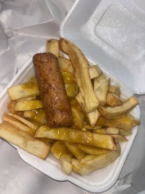 Chips curry & sausage   at Milton Chippy in Stoke-on-trent