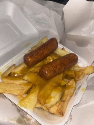 Chips and curry sauce with 2 sausage   at Milton Chippy in Stoke-on-trent