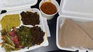 Spicy red lentils, mushrooms, split pea stew, green beans n carrots, beets n potatoes, greens  at Greens N Teff in Arlington