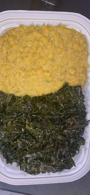  Curry lentils collards and rice underneath   at Greens N Teff in Arlington