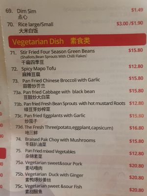 Veggie take away menu at Happy Family Restaurant  in Tecoma