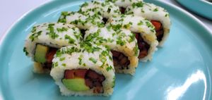 Vegan Pastorcito roll with soy pastor at Sushi Playa in Playa Del Carmen