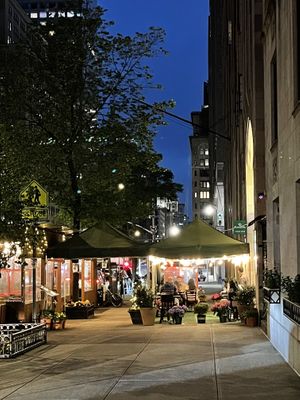 Street view by night at Franchia Vegan Cafe in New York City