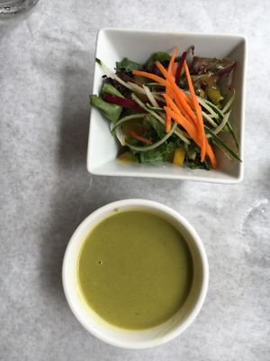 Soup and salad at Franchia Vegan Cafe in New York City