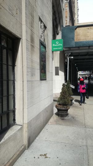 Outdoor sign at Franchia Vegan Cafe in New York City
