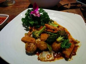 Amazing dish - Vegan meatballs and chicken strips at Franchia Vegan Cafe in New York City