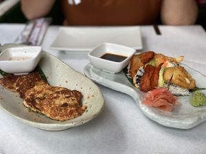 “Crab” cakes and rainbow roll at Franchia Vegan Cafe in New York City