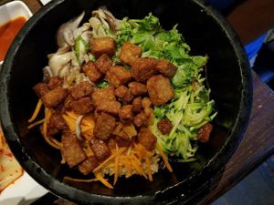 Tempeh and rice dish at Franchia Vegan Cafe in New York City
